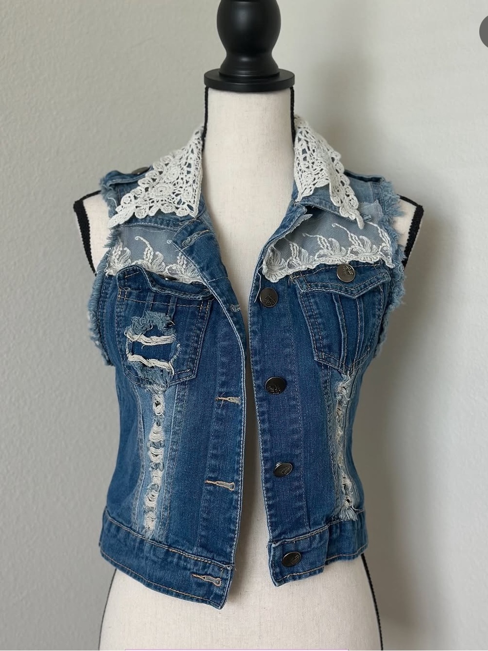Women’s Distressed Blue Denim Vest with Lace Collar